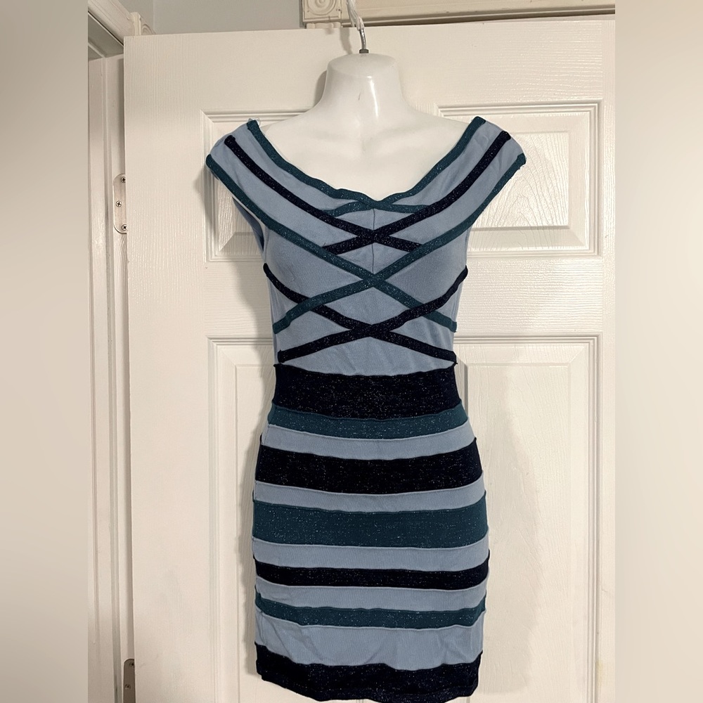 WOW couture bandage off shoulder striped mini dress size small